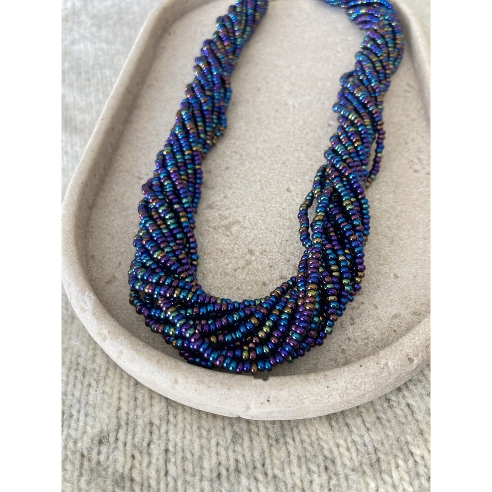 Iridescent Seed Bead Necklace‎ Multi Strand Twisted Peacock Blue Purple Chunky